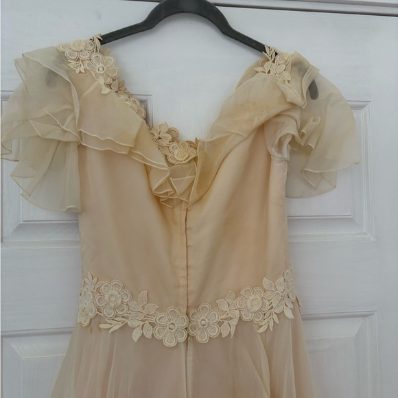 Vintage 1970s Prairie Wedding Gown – Organza Ruffles, Daisy Floral Appliqué - Picture 9 of 15